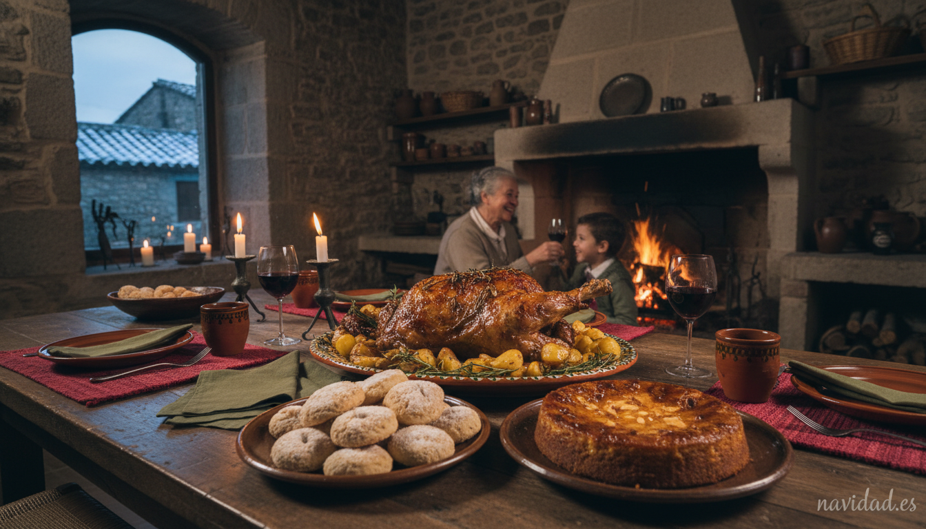 Mesa navidena extremena con cordero asado y dulces tradicionales de Caceres