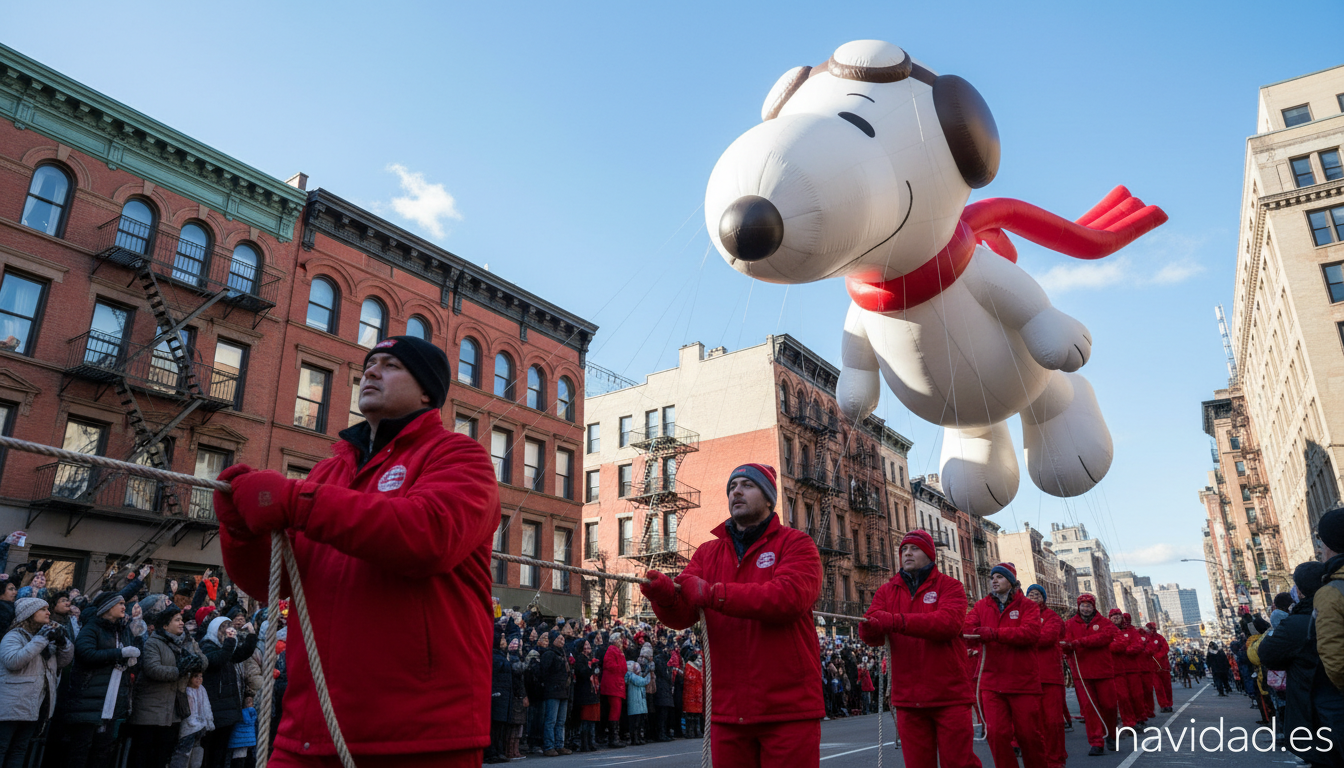 Globo gigante de Snoopy en el desfile de Macy's guiado por voluntarios