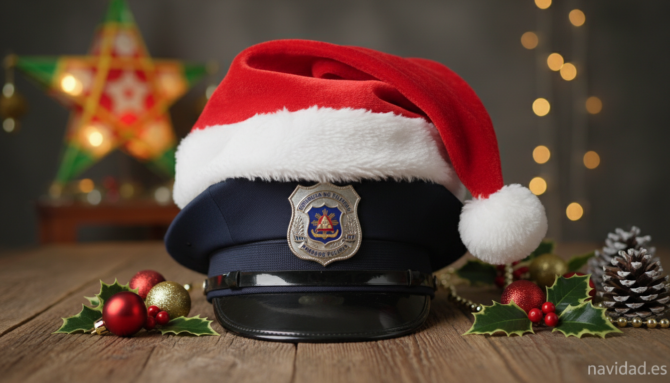 Policía filipina con gorros de Papá Noel: la Navidad en Manila 1 Detalle del gorro de Papá Noel sobre la gorra reglamentaria de la policía filipina