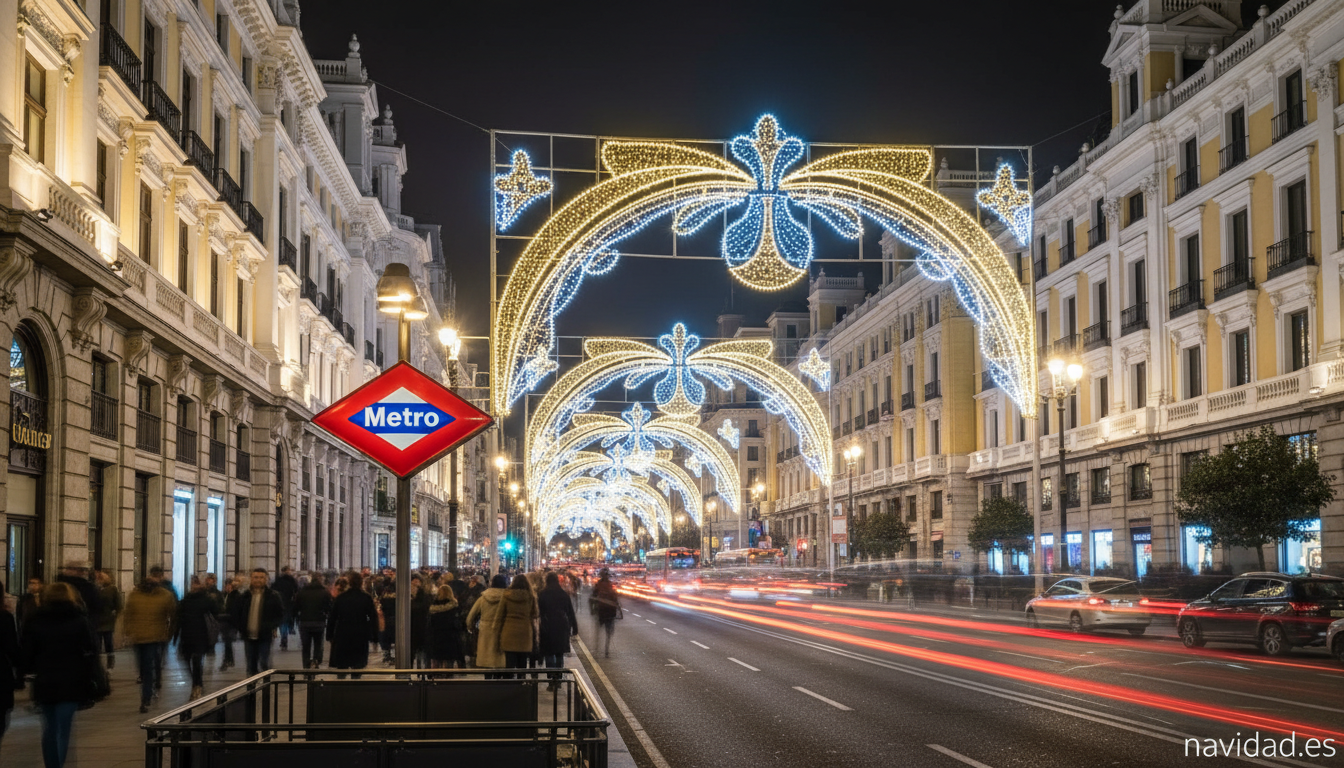 Metro de Madrid en Navidad 2026: horarios y refuerzo de servicios 2 Gran Via de Madrid iluminada en Navidad junto a una entrada de metro