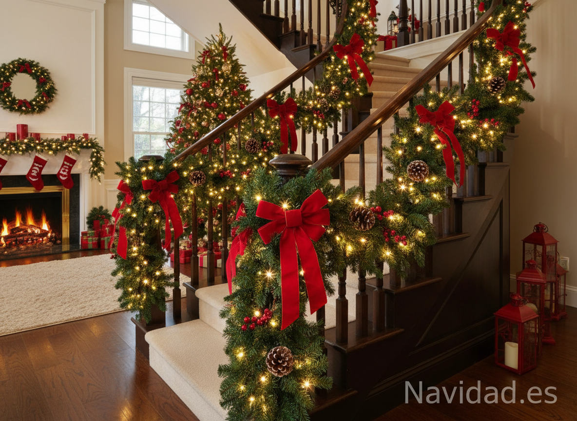 Guirnaldas navideñas decorando escaleras con luces y cintas rojas