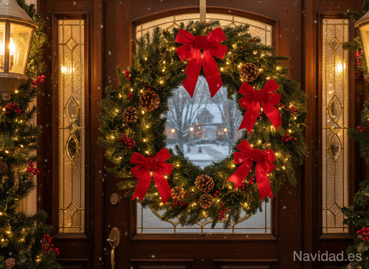 Ideas para decorar puertas de Navidad en casa y en la escuela 1 Ideas para decorar puertas de Navidad con corona y lazos rojos
