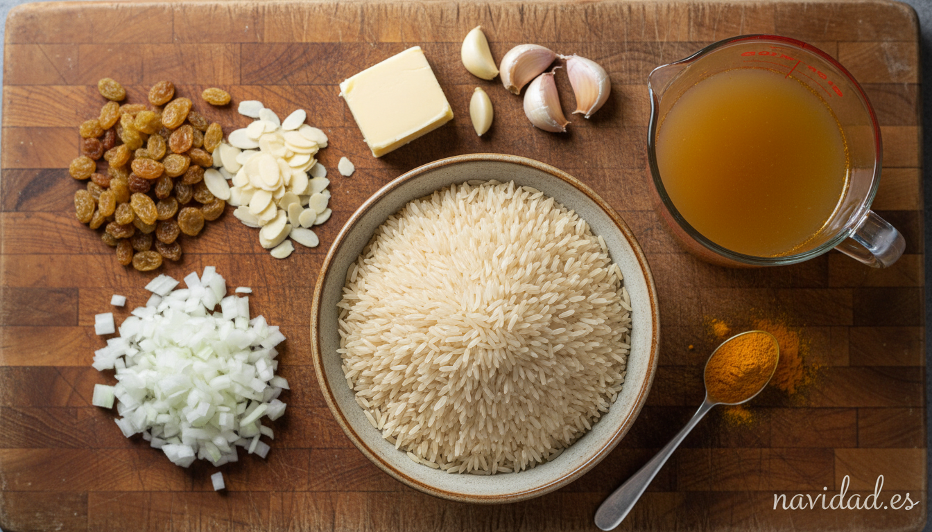 Ingredientes del arroz con pasas: arroz largo, pasas, almendras, cebolla y cúrcuma
