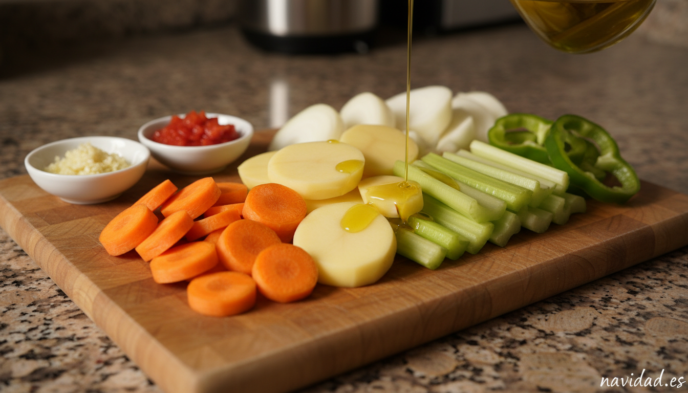 Besugo al horno con cama de verduras: receta navideña jugosa 1 Verduras cortadas listas para la cama del besugo navideño: zanahoria patata apio cebolla y pimiento