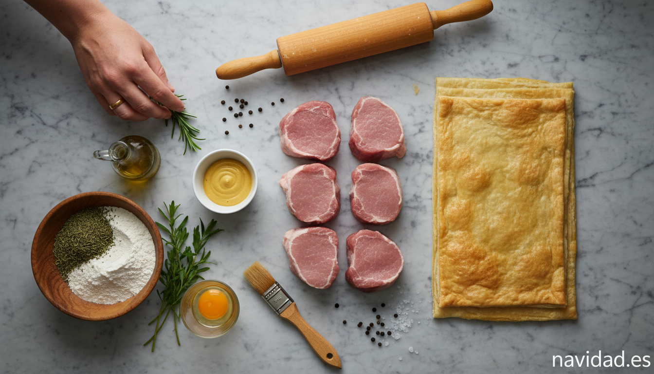 Ingredientes de la cruz de lomo hojaldrada dispuestos en flat lay sobre mármol