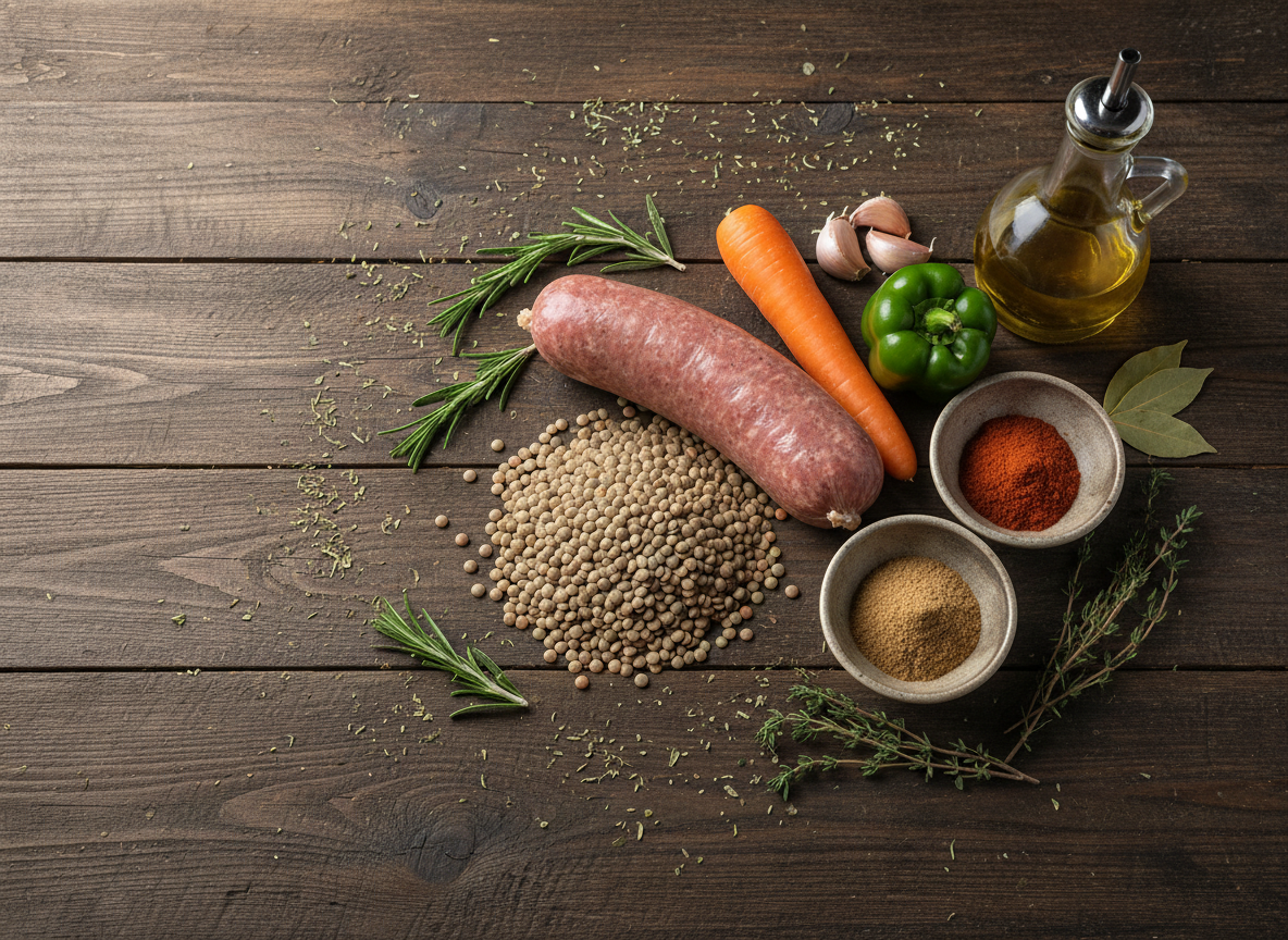 Ingredientes para la receta de lentejas con cotechino para Nochevieja: lentejas pardinas, salchicha italiana, verduras y especias