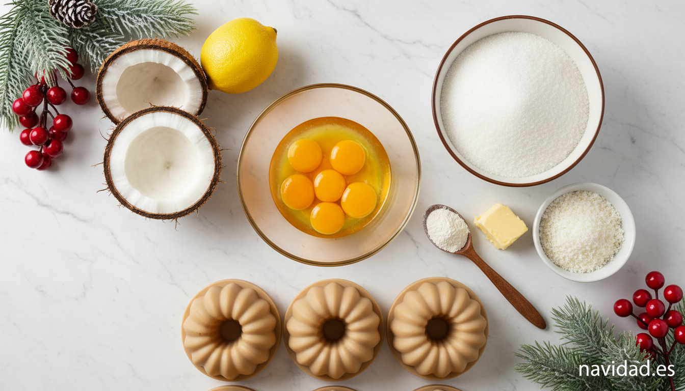 Ingredientes para preparar quindim casero: yemas, azúcar, coco fresco y mantequilla sobre encimera de mármol