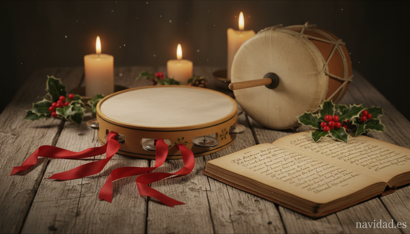 Cantemos pastores: letra completa, historia y origen del villancico tradicional 1 Pandereta y zambomba sobre cancionero de villancicos navideños