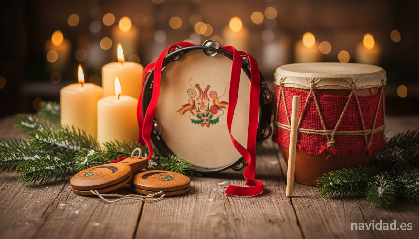 Instrumentos tradicionales para cantar villancicos: pandereta, castañuelas y zambomba