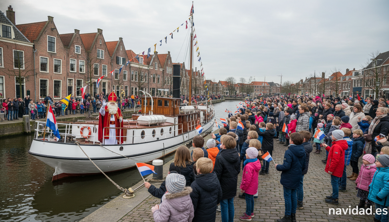 Llegada del barco de vapor Pakjesboot 12 con Sinterklaas a un puerto holandés