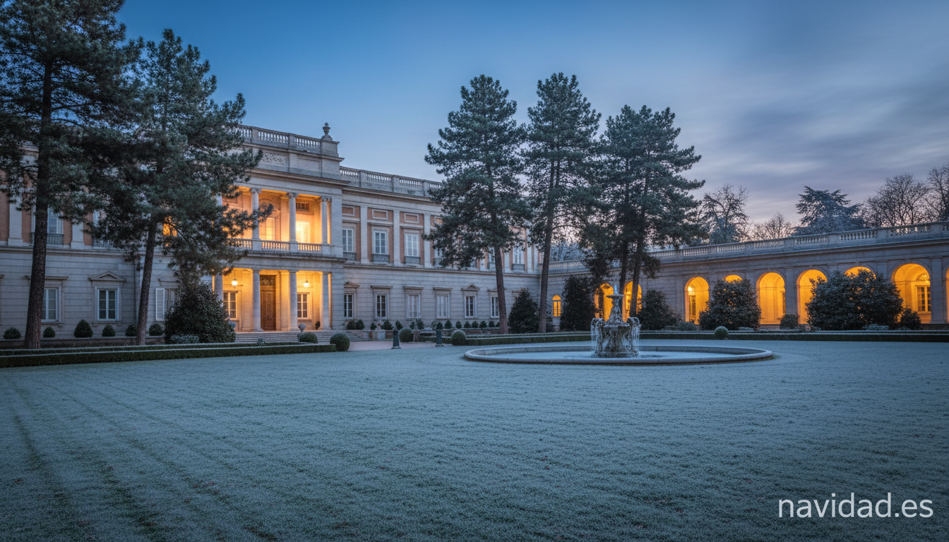 Felicitación navideña de la Casa Real: historia y tradición en 2026 2 Jardines de un palacio español al atardecer en diciembre, escenario tradicional de la felicitación navideña real