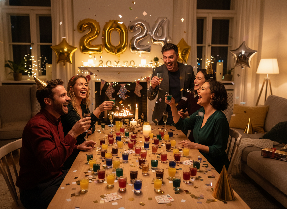 Juegos de beber para adultos en Nochevieja con chupitos y decoración festiva
