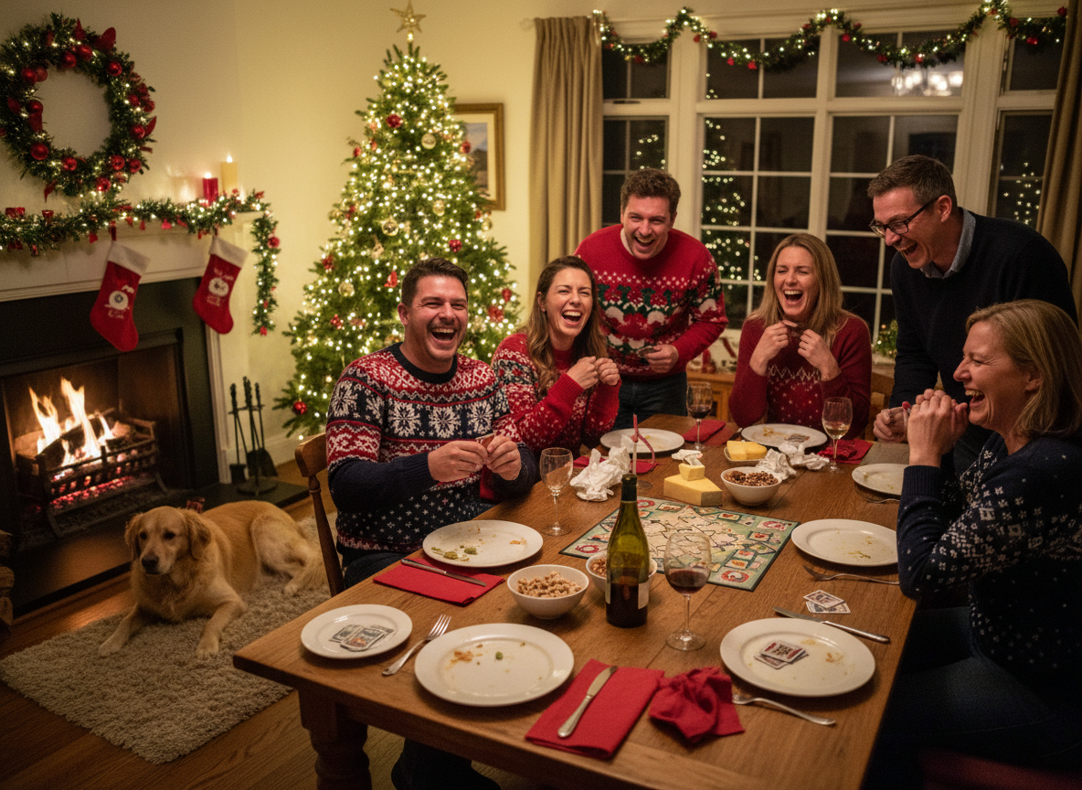 Juegos de Navidad divertidos para disfrutar en familia 2026 2 Adultos disfrutando de juegos de sobremesa en la cena de Navidad