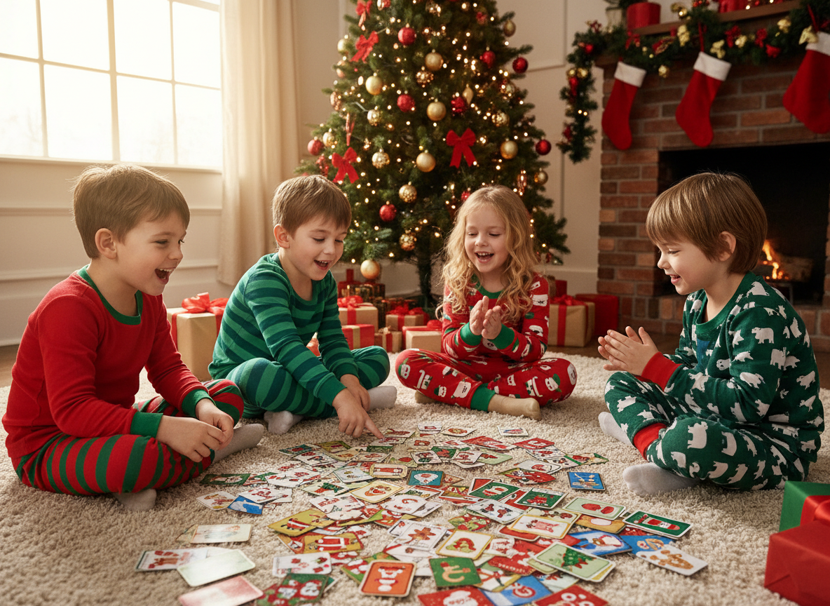Juegos de Navidad divertidos para disfrutar en familia 2026 1 Ninos jugando al memory navideno en casa con decoraciones de Navidad