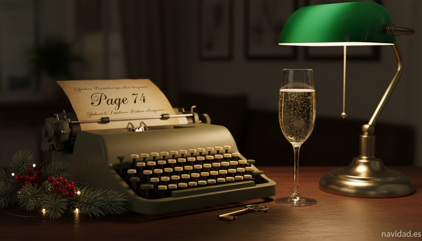 Detalle de maquina de escribir vintage con guion pagina 74 y copa de cava, homenaje cinematografico navideño