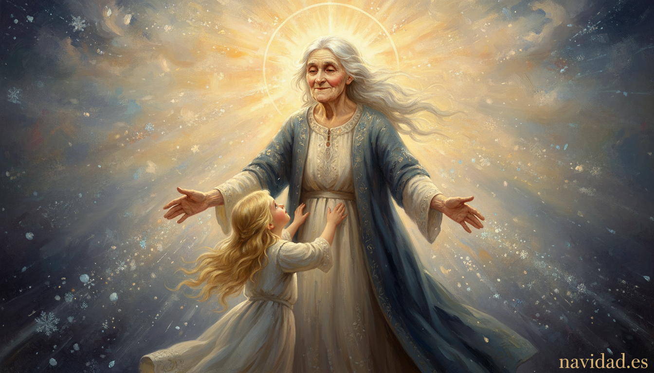 La niña de los fósforos: cuento completo de Andersen y análisis 3 La abuela con halo celestial recibiendo a la niña de los fósforos
