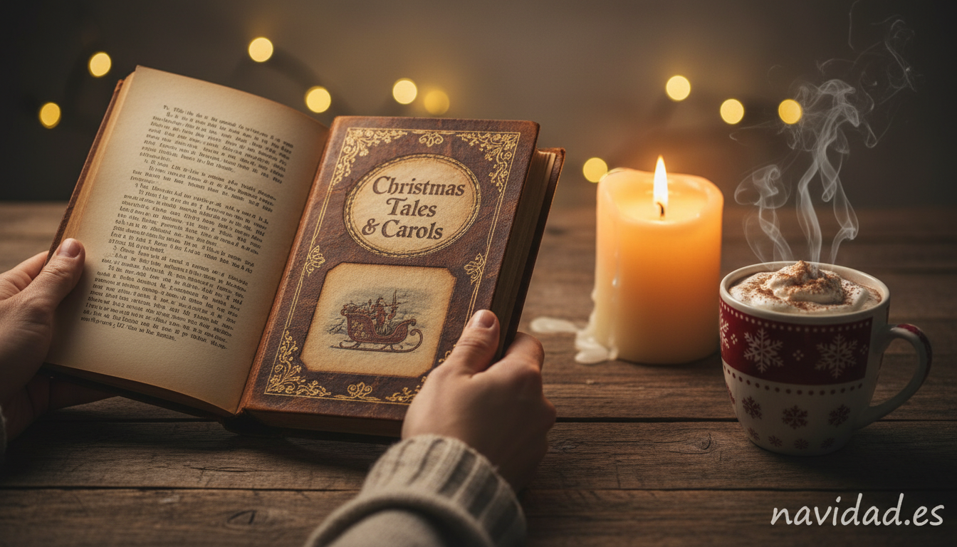 Un sueño de Navidad: cuento de paz, familia y esperanza para Nochebuena 1 Manos leyendo cuento de Navidad junto a vela y chocolate caliente