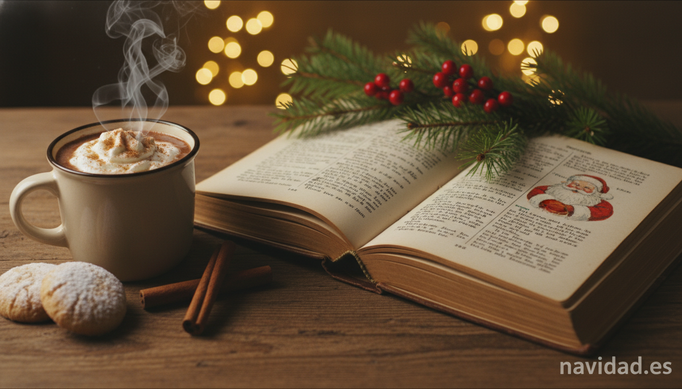 Chistes navideños 2026: los más graciosos para reír en familia 1 Libro de chistes navideños abierto sobre mesa de madera con polvorones y chocolate caliente