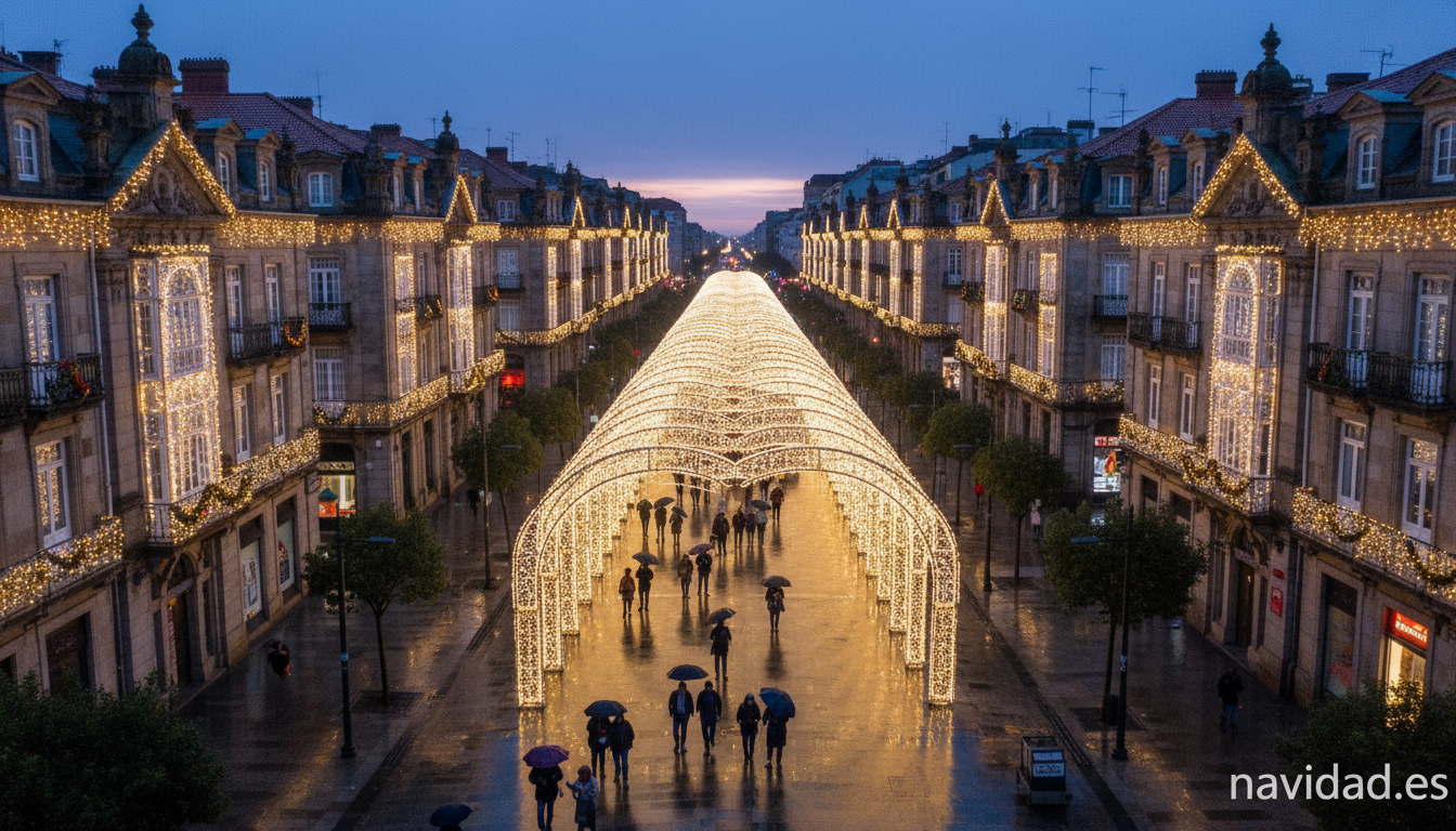 Luces de Navidad en Vigo: de la sobriedad de 2007 al mayor alumbrado de España 2 Vista aérea de la Gran Vía de Vigo con luces navideñas