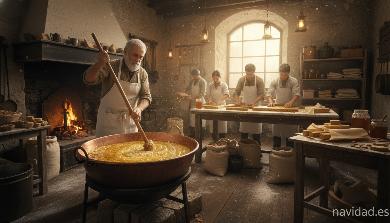 Maestro turronero trabajando la masa de turron en obrador tradicional de Jijona