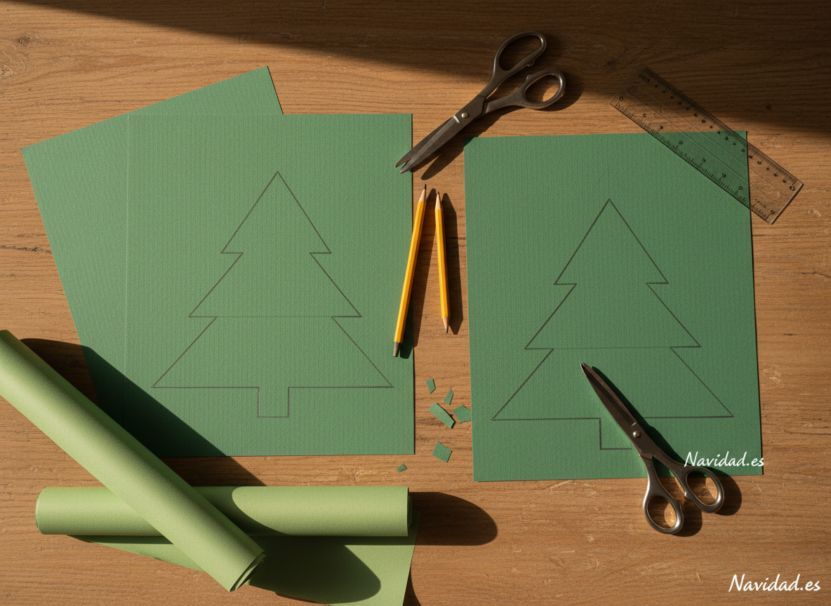 Cómo hacer un árbol de Navidad de pared: guía DIY paso a paso 2 Recortando cartulina verde en forma de árbol de Navidad para pegar en la pared, manualidad navideña