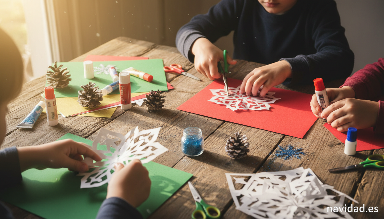 Recursos de Navidad: ideas y actividades para disfrutar en familia 1 Manualidades navideñas: niños recortando copos de nieve y decoraciones de Navidad
