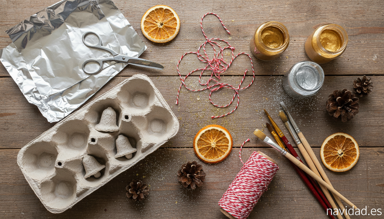 Adornos caseros para el árbol de Navidad 2026: ideas DIY fáciles 1 Materiales para hacer adornos navideños caseros: cartones, papel de aluminio, pintura dorada y purpurina