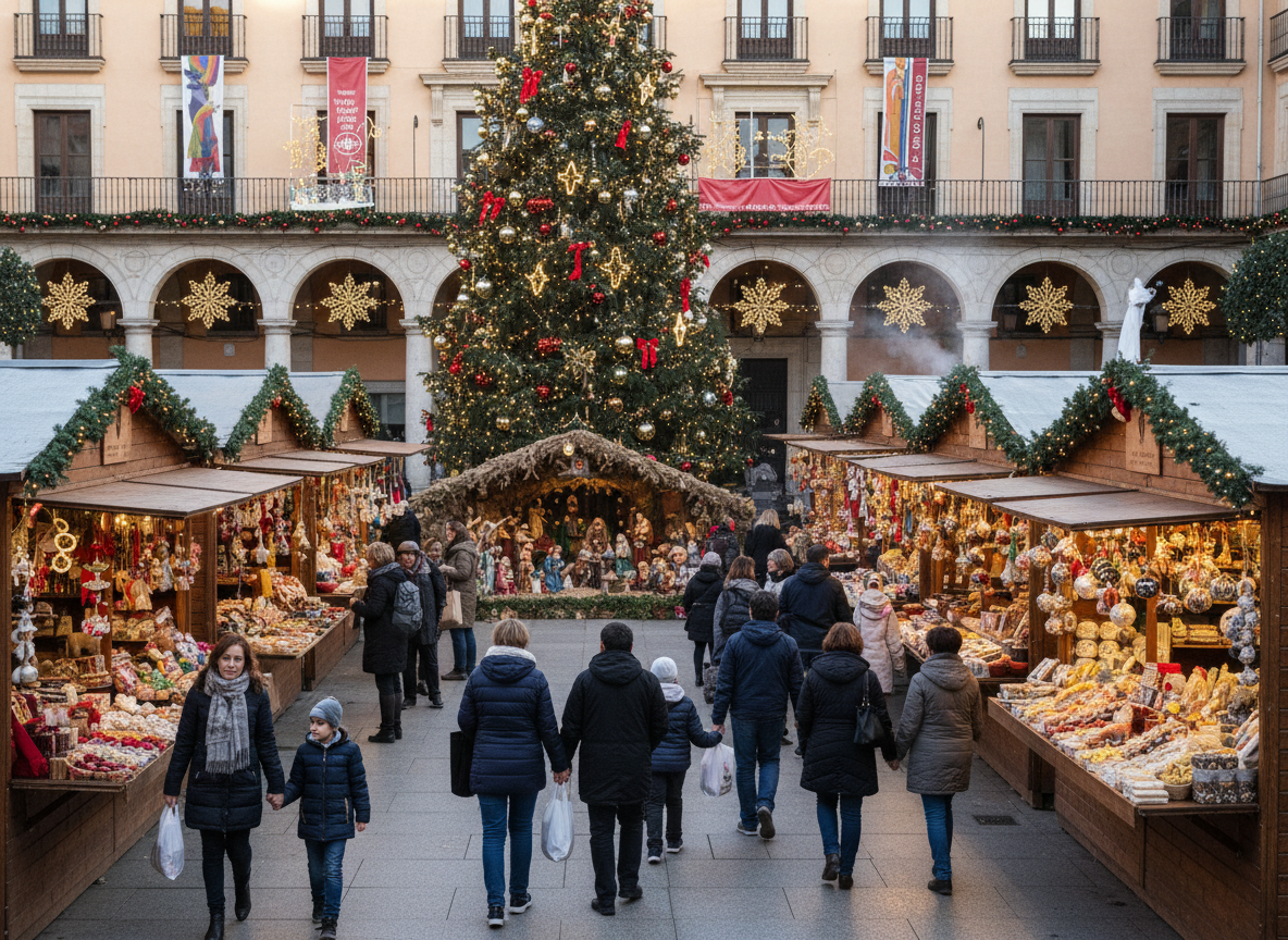 Los pueblos más bonitos de España para visitar en Navidad 3 Mercadillo navideño en la plaza mayor de un pueblo español con casetas iluminadas