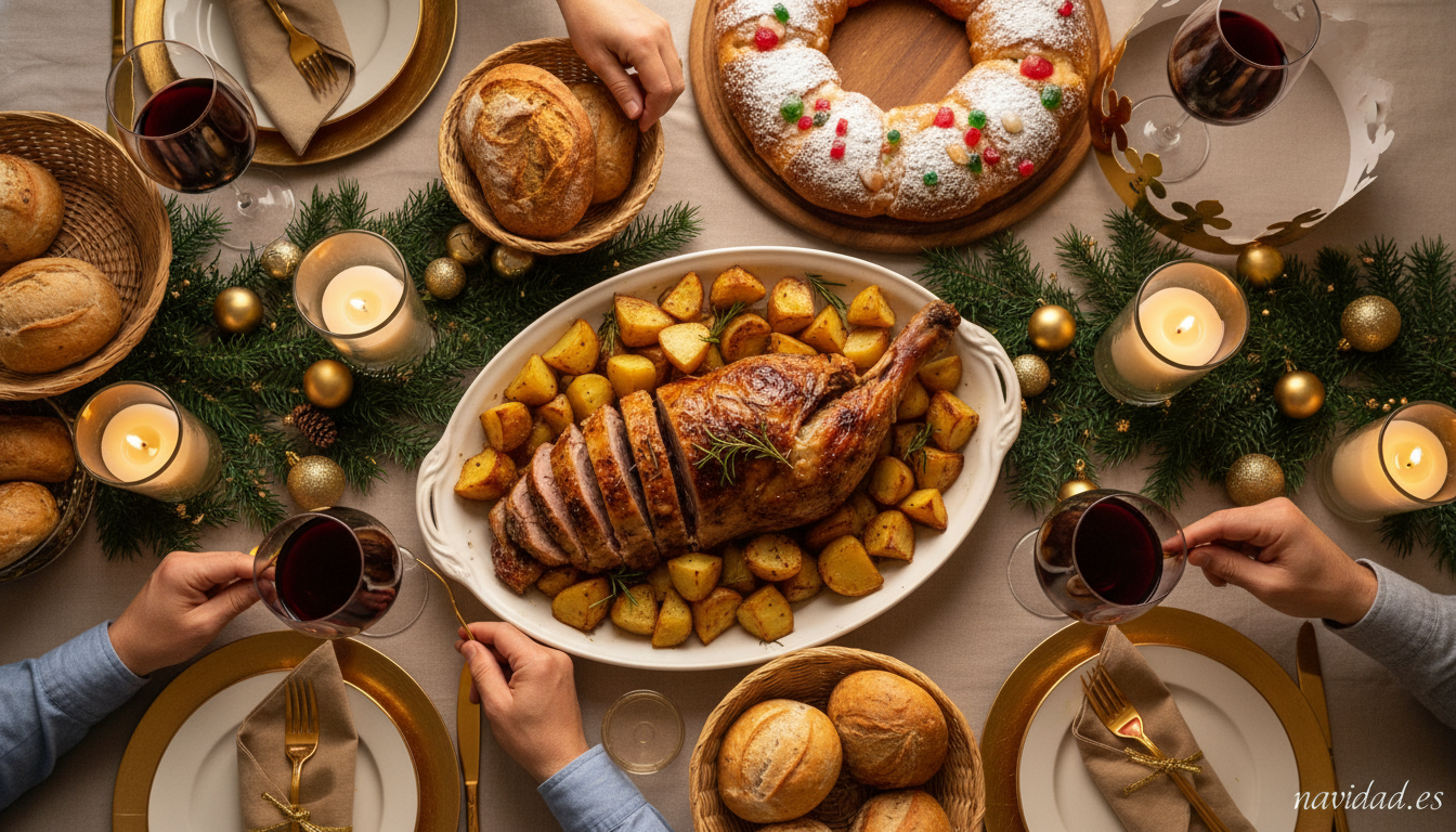 Cordero de Reyes al horno: receta tradicional para el 6 de enero 2 Mesa familiar del Dia de Reyes con cordero asado como plato principal