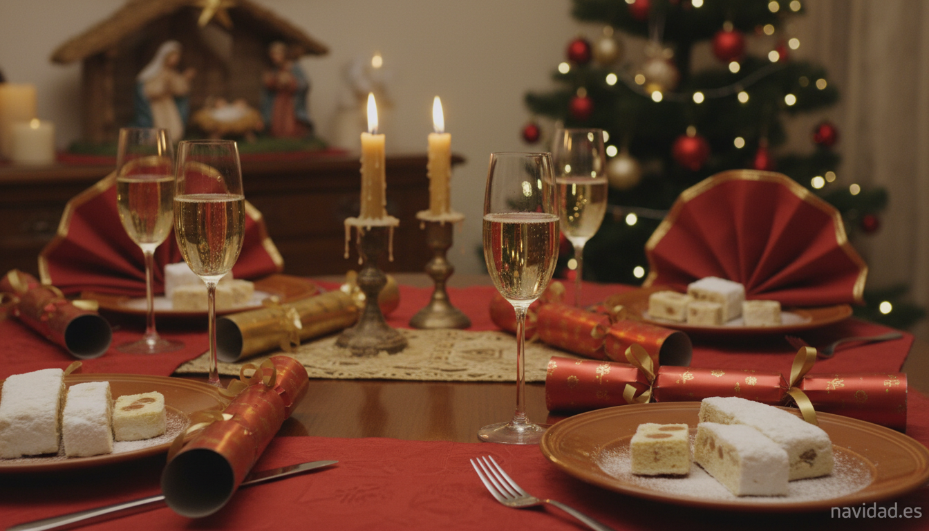 Mesa de Nochebuena decorada con turrón y cava para la sobremesa navideña