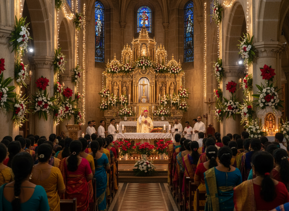 Cómo se celebra la Navidad cristiana en la India: tradiciones, misas y costumbres del ‘Bada Din’ 2026 2 Misa del Gallo en una catedral de Goa, India, con fieles en trajes tradicionales celebrando la Navidad cristiana