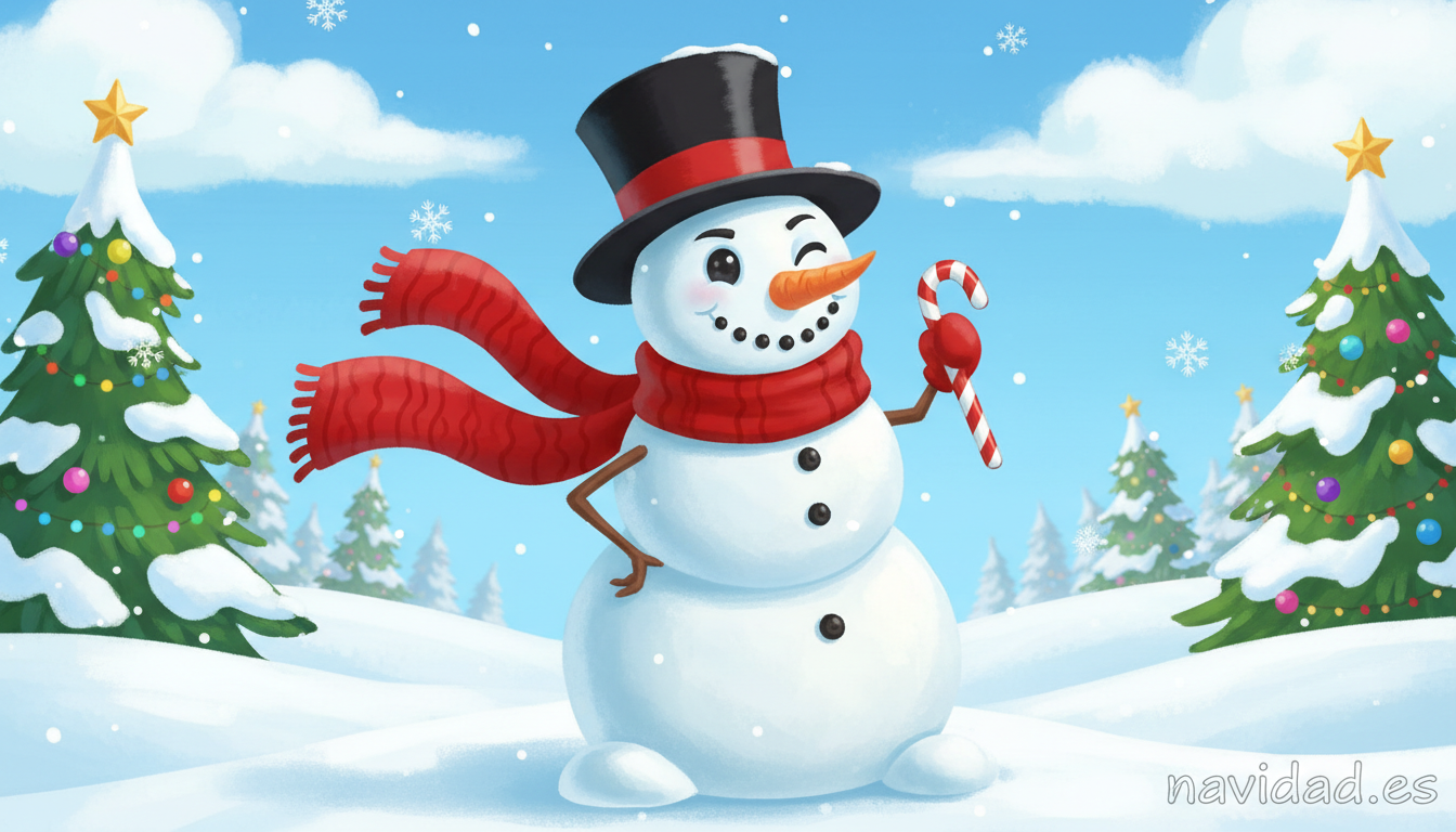 Muñeco de nieve divertido guiñando el ojo, perfecto para acompañar chistes navideños
