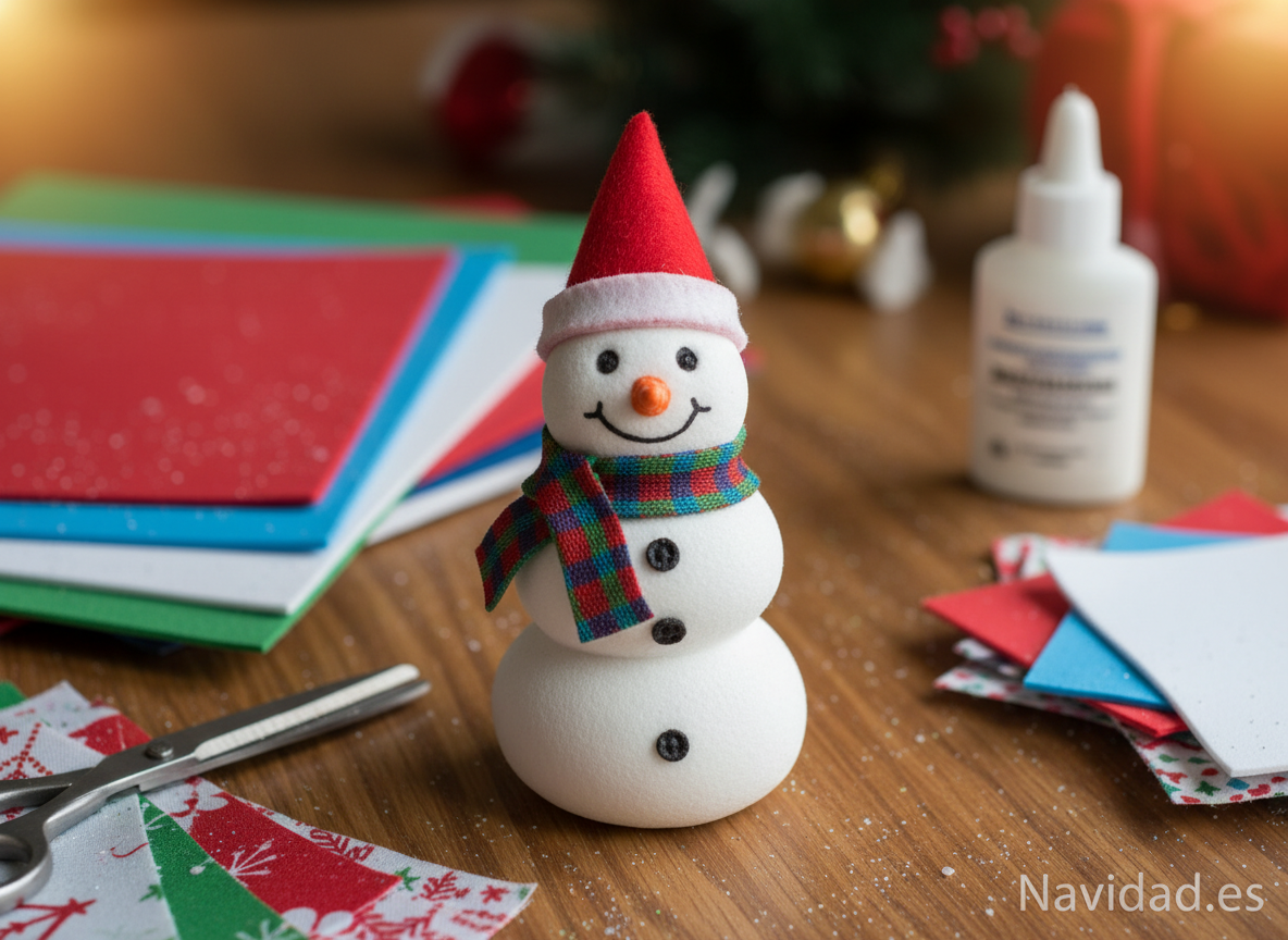 Muñeco de nieve hecho con foami blanco para adornar el árbol de Navidad, con bufanda y sombrero de fieltro