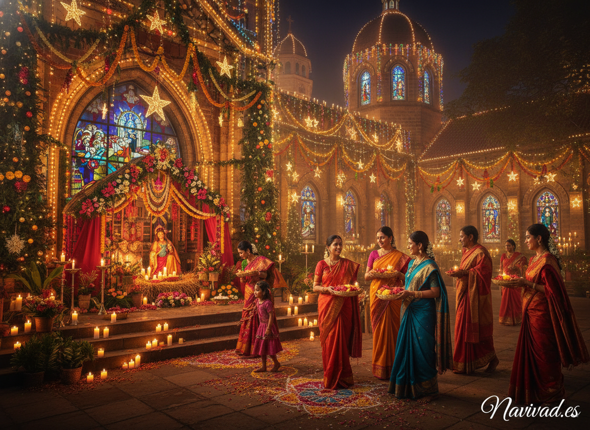 Cómo se celebra la Navidad cristiana en la India: tradiciones, misas y costumbres del ‘Bada Din’ 2026 1 Navidad cristiana en la India: iglesia iluminada con decoración festiva tropical y fieles celebrando la Nochebuena