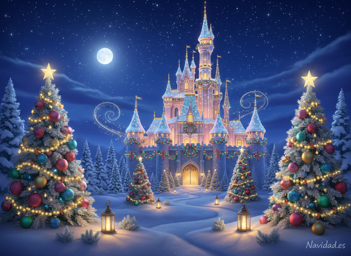 Castillo mágico decorado para la Navidad Disney con luces y nieve