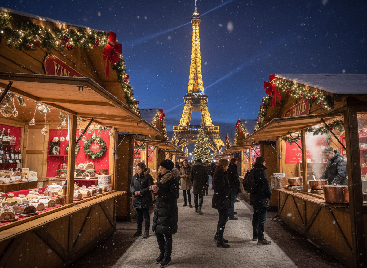 Cómo se celebra la Navidad en Francia: tradiciones, gastronomía y magia navideña 1 Celebración de la Navidad en Francia con mercados navideños y la Torre Eiffel iluminada