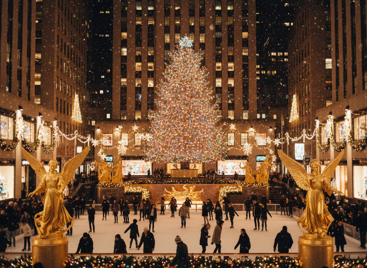 Navidad en Nueva York - Rockefeller Center iluminado con árbol de Navidad y patinadores