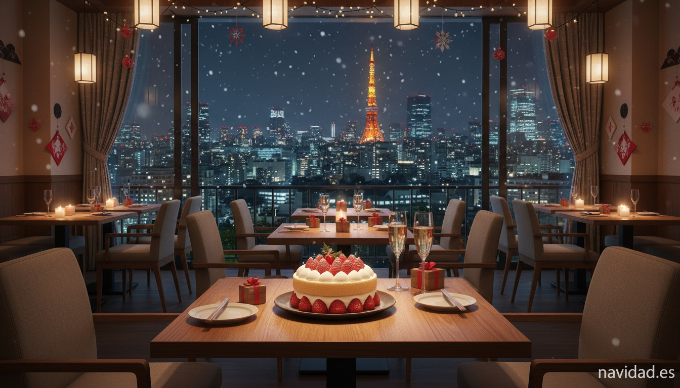 Navidad en Japón: pastel de fresa y nata en una cena de Nochebuena en Tokio