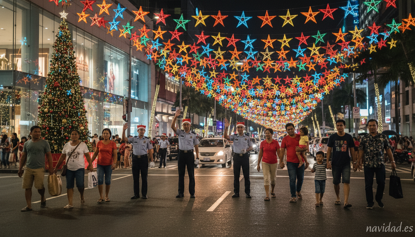 Policía filipina con gorros de Papá Noel: la Navidad en Manila 2 Calle de Manila iluminada en Navidad con policías con gorros de Papá Noel