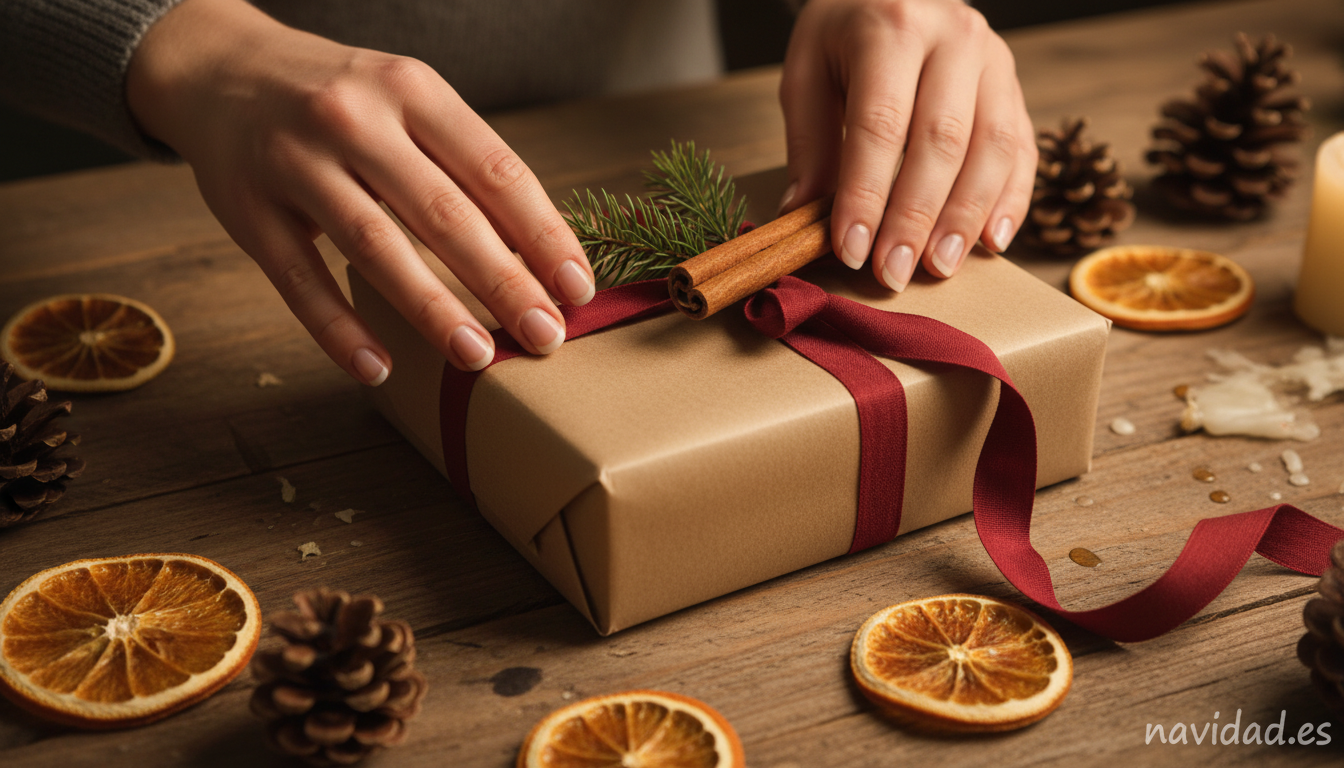 Manos envolviendo regalo navideno con papel kraft y adornos naturales