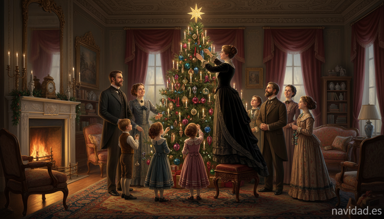 Historia de la Navidad: cómo nació cada tradición que conocemos 2 Familia victoriana decorando un árbol de Navidad en el siglo XIX, época de Dickens