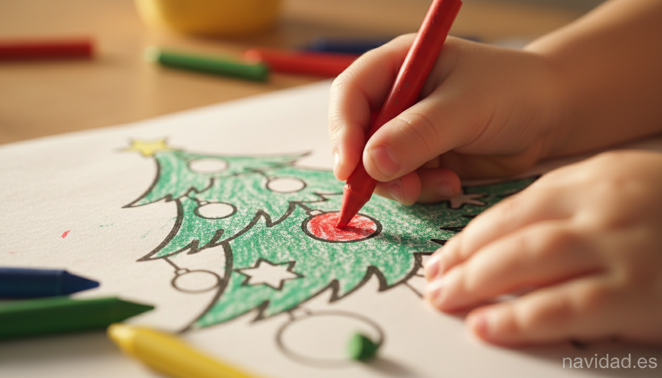 Árbol de Navidad para colorear: láminas gratis para imprimir en 2026 1 Manos de niño coloreando un árbol de Navidad con ceras de colores