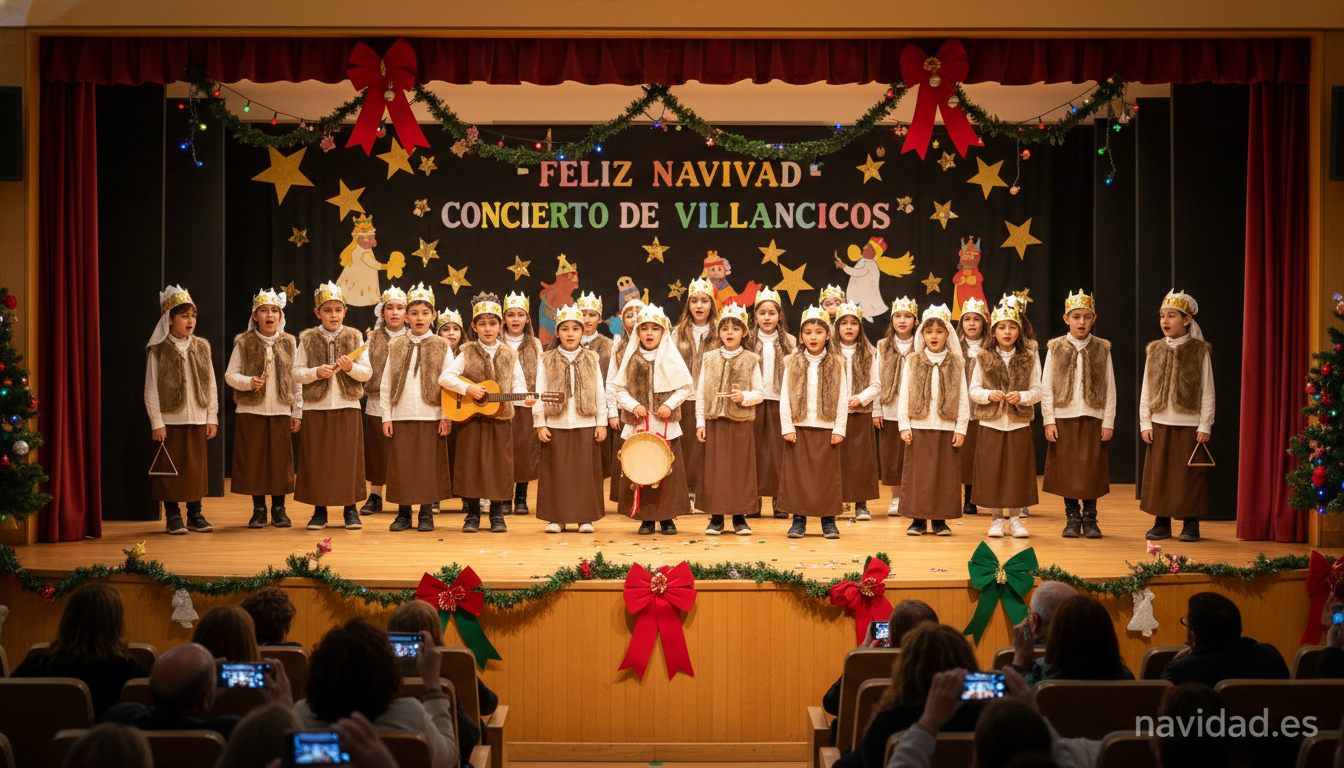 Niños cantando villancicos navideños en una función escolar de Navidad