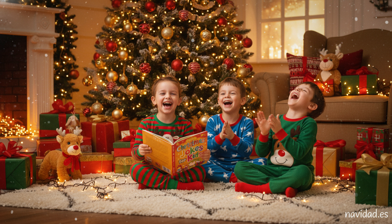 Chistes navideños 2026: los más graciosos para reír en familia 2 Niños riendo con chistes navideños junto al árbol de Navidad