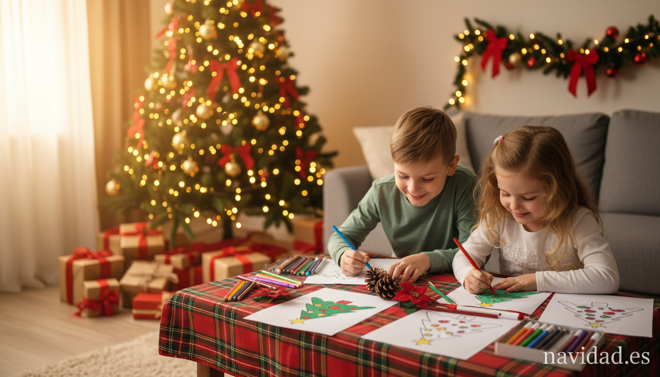 Árbol de Navidad para colorear: láminas gratis para imprimir en 2026 2 Hermanos coloreando juntos láminas de árboles de Navidad en familia