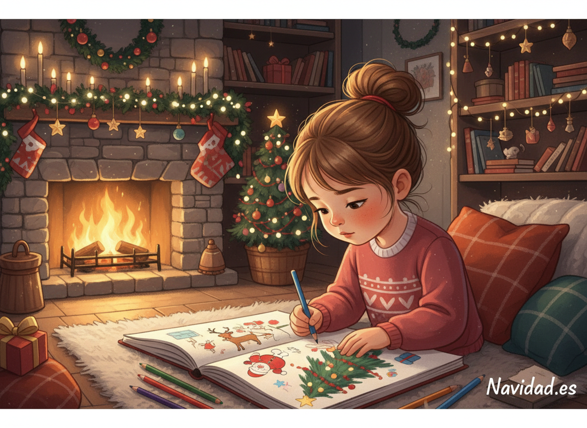 Dibujos de Navidad: ideas, motivos y todo lo que necesitas saber para dibujar en Navidad 3 Niña dibujando escenas navideñas con lápices de colores rodeada de decoraciones