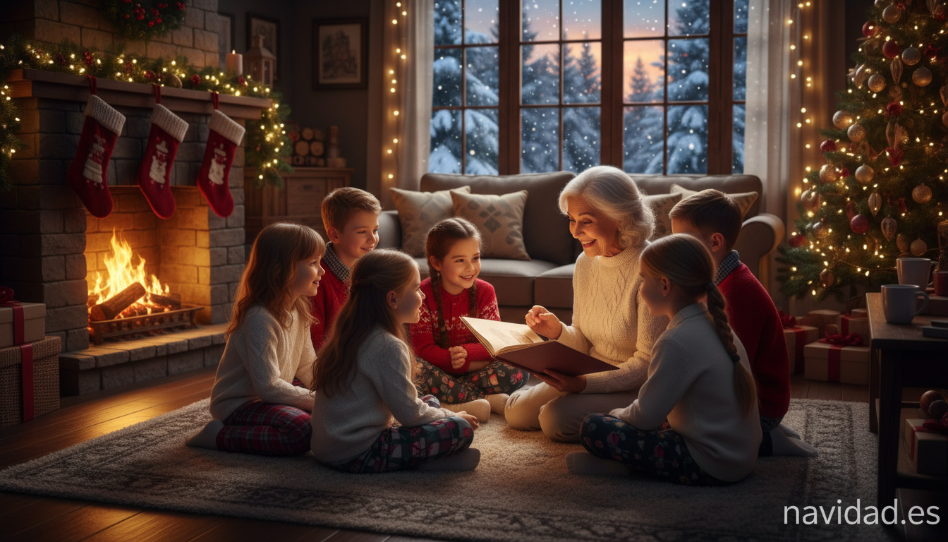 Niños escuchando cuentos de Navidad cortos narrados por su abuela en familia