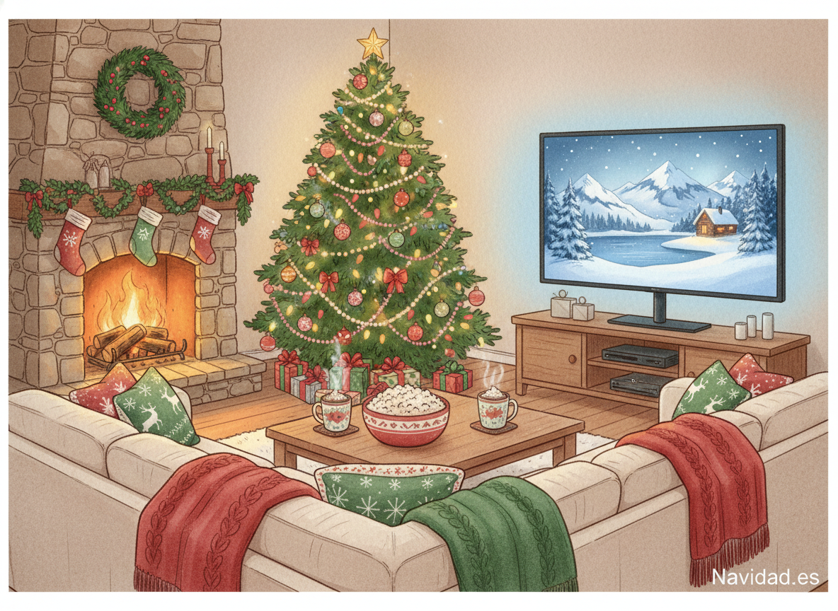 Noche de películas navideñas en casa con ambiente acogedor y árbol de Navidad