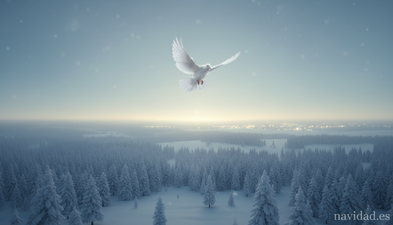 Un sueño de Navidad: cuento de paz, familia y esperanza para Nochebuena 3 Paloma de la paz volando sobre bosque nevado en Nochebuena