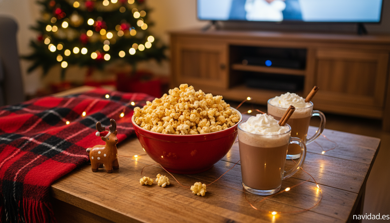 Cine en Navidad 2026: las mejores peliculas para ver en familia 1 Palomitas y chocolate caliente preparados para ver una pelicula de Navidad